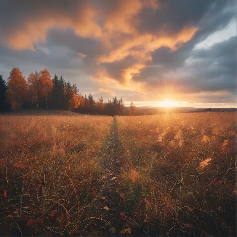 A narrow earthen footpath winds through tall dry golden grass leading to a treed horizon with the sun setting through warm orange clouds