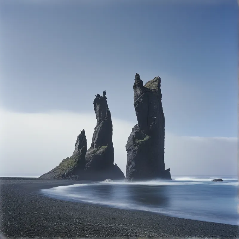 Smooth blurred ocean waves lap at dark pebble beach where tall jagged dark volcanic sea stacks stand against a pale hazy sky.