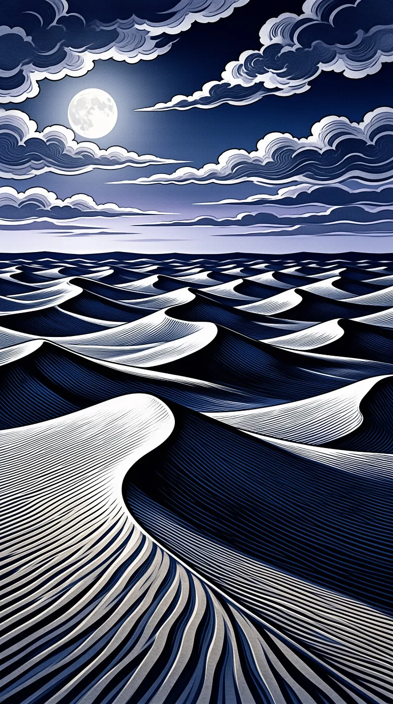 Stylized blue ocean waves stretch toward a horizon beneath a night sky filled with clouds and a glowing full moon.