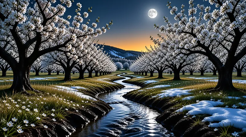 White-blossomed trees line a winding stream as the moon glows over a dusk sky streaked with last light.