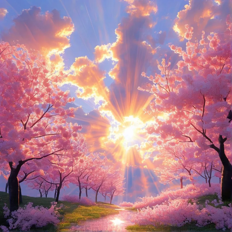 Sunlit Cherry Blossom Path