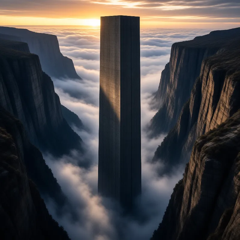 A slender dark tower stands inside a gorge of flat cliffs, its face catching the first orange light above a sea of cloud.