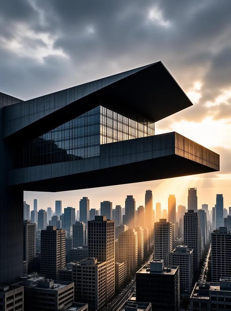 A massive concrete and glass block juts high above a dense downtown of grid-faced towers as sunbeams break through cloud.