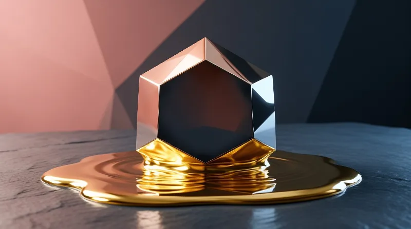 A black glossy hexagonal crystal with copper metallic edges rests on a golden puddle above a dark surface