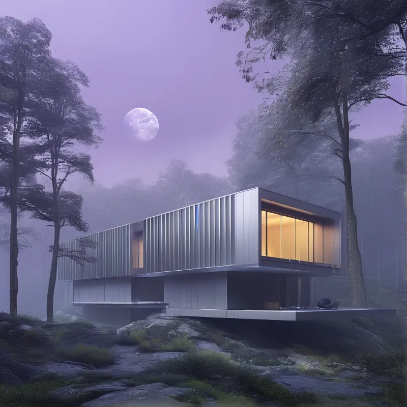 Modern Cabin in Misty Forest