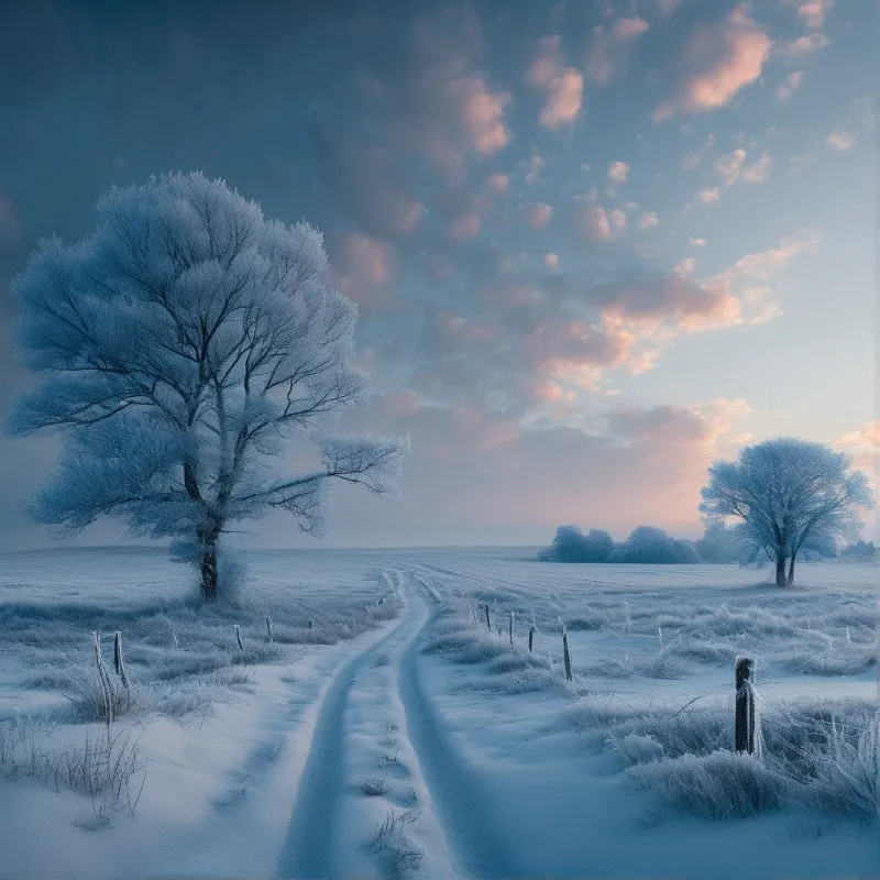 Wheel ruts trace a quiet country road lined with rimed trees under a sky brushed with pink dawn clouds in winter