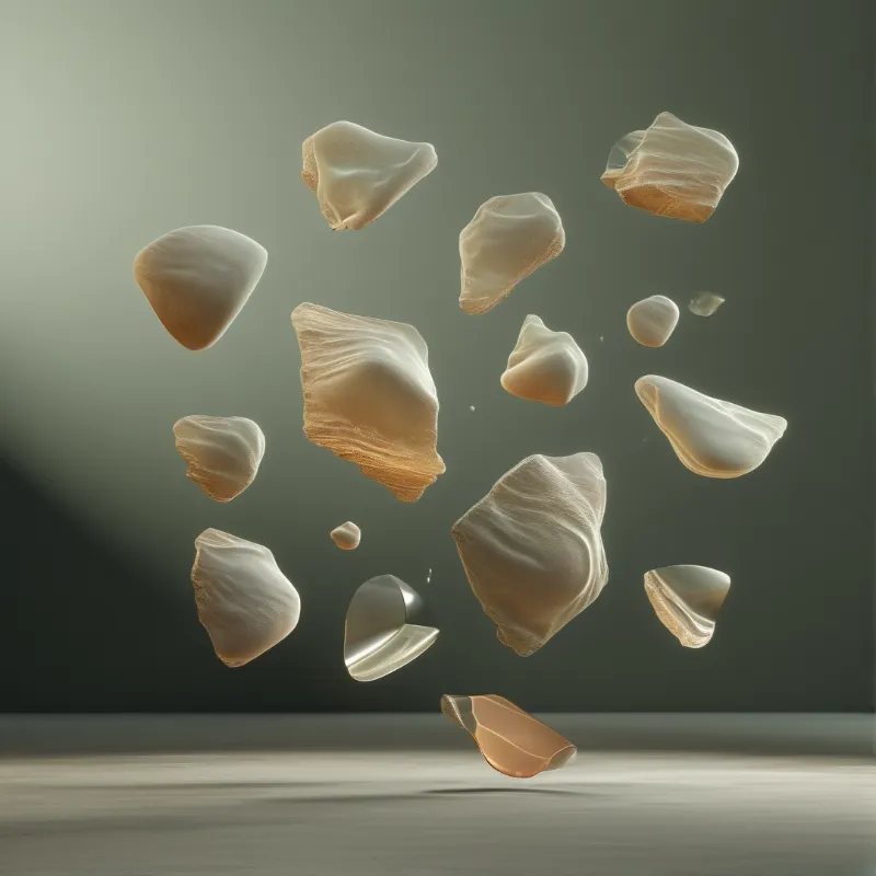 Smooth stone like fragments hover above a pale floor with one chrome piece among them