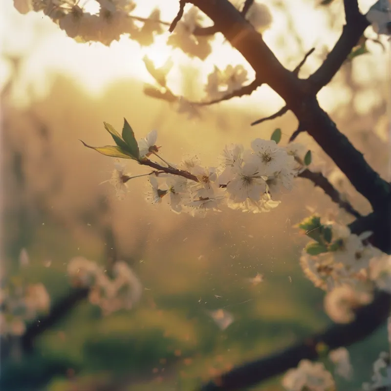 Delicate white flowers rest on a dark branch while a bright sun creates a hazy golden glow behind them.