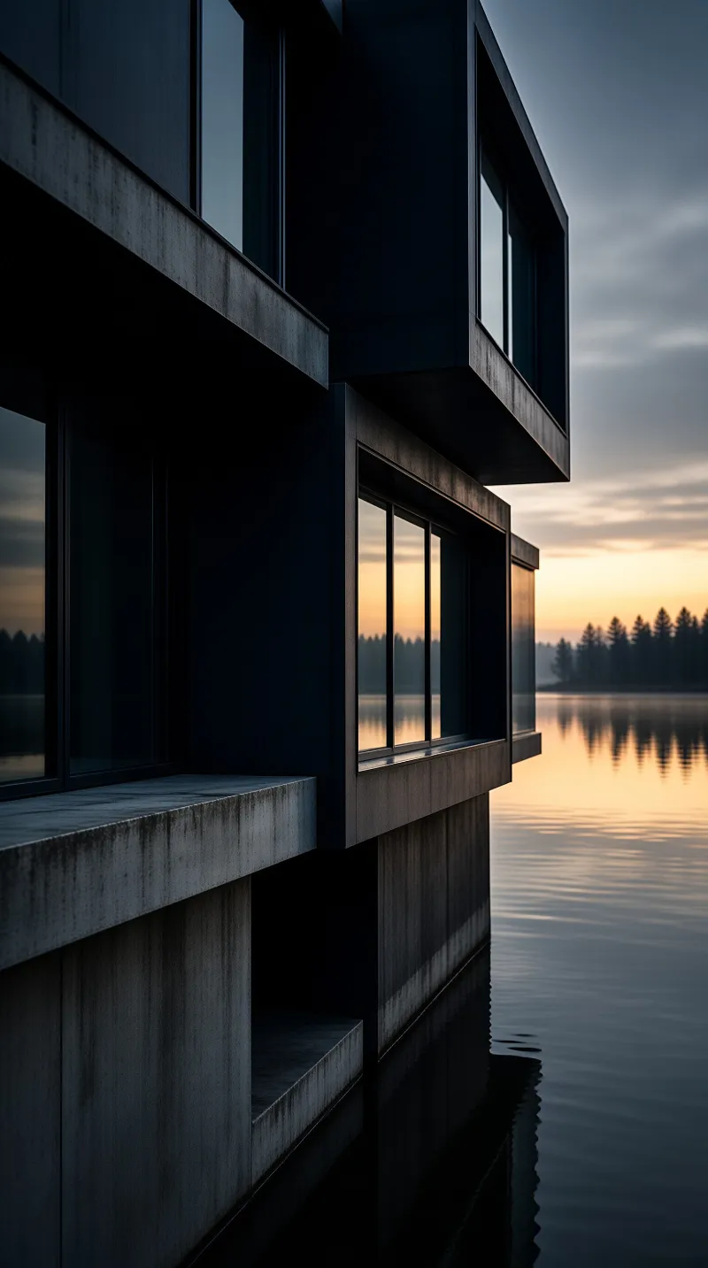 Stacked charcoal concrete rooms hang above a glassy lake while a low sunset lights the distant pine shoreline.