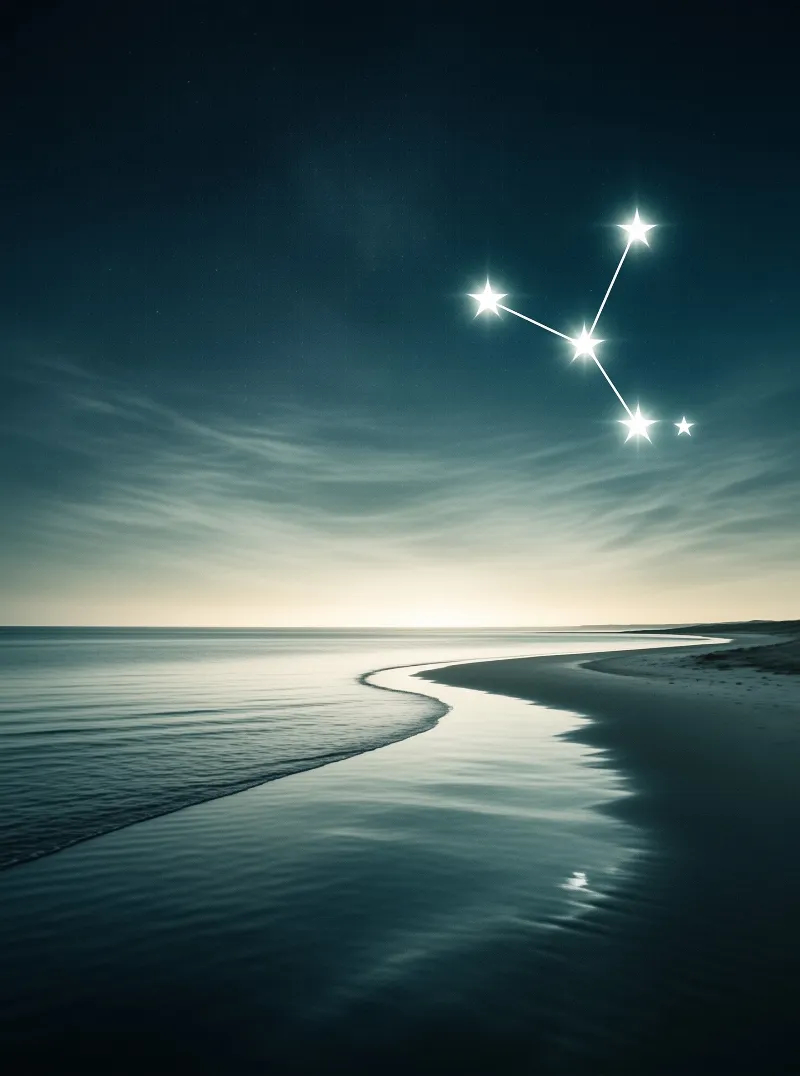 Seven bright stars joined by thin lines hang above a calm sea, their light mirrored in the wet sand of a curving beach.