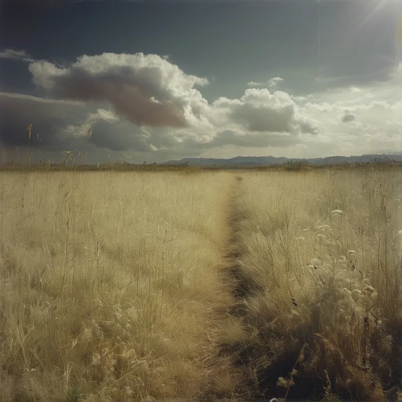 A worn path splits tall dry grasses as mixed sunlit and stormy clouds hover over a flat distant prairie horizon.
