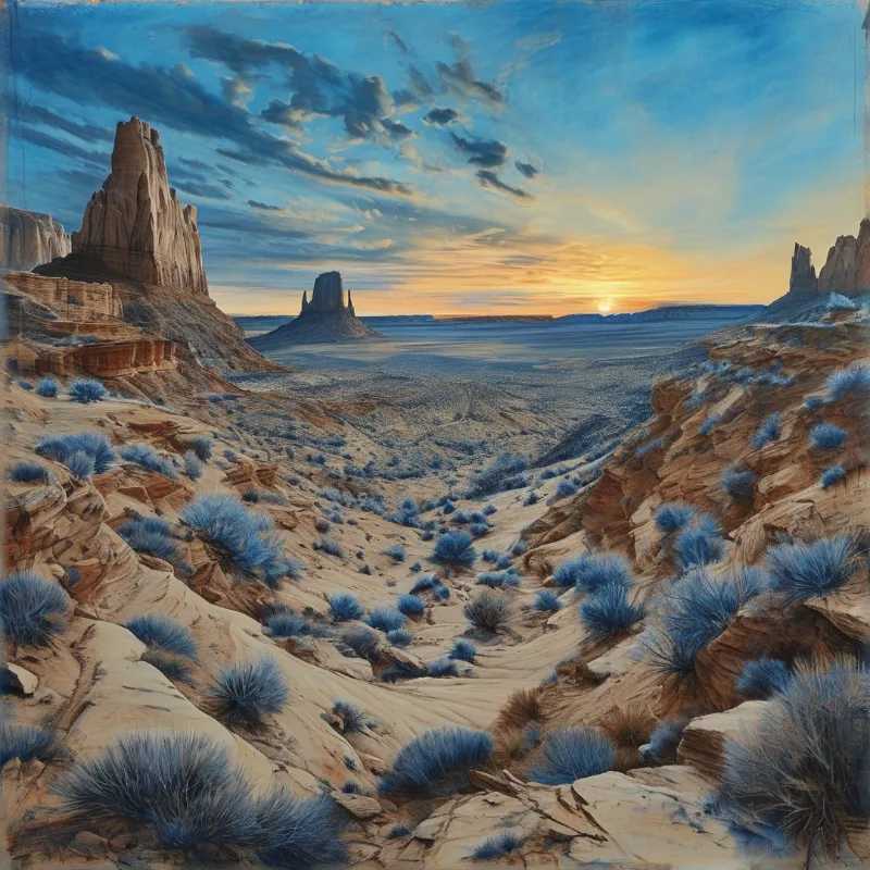 Blue-silver scrub tufts dot sandy slopes flanking a wide valley that opens onto flat plains and distant rock spires under an orange glow.
