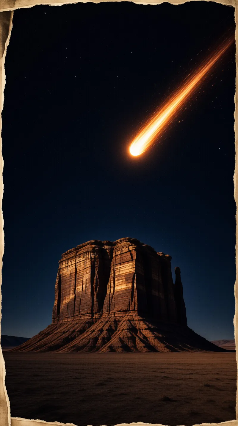 A blazing meteor leaves a long trail across the dark sky above a massive sandstone butte in the desert.