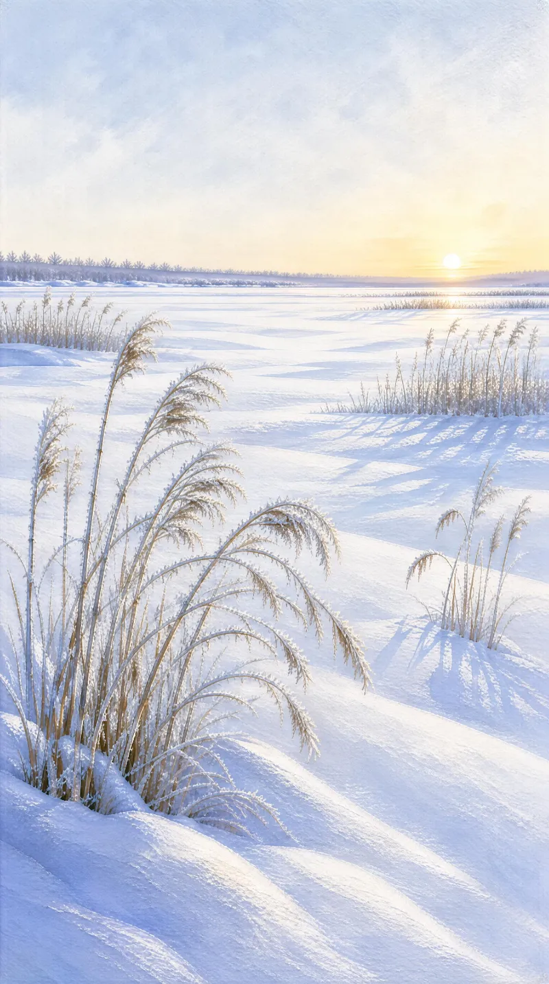 Snow-covered reeds stand in a vast, undulating snowy field at sunset, with the low sun casting warm light over the frosty landscape and distant horizon.