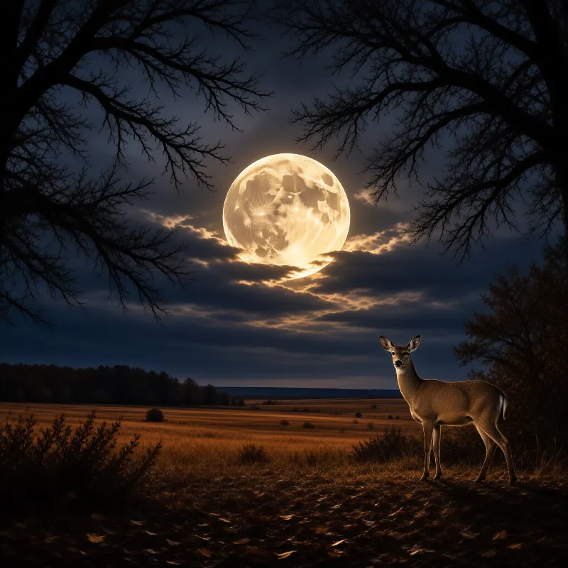 A deer stands illuminated in a field at night beneath a massive glowing moon that shines through scattered clouds.