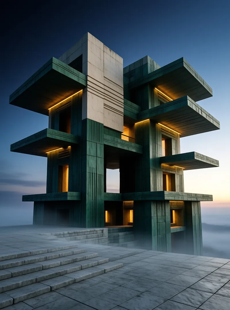 A concrete building with overhanging sections glows with warm light against a dark blue sky and misty landscape.