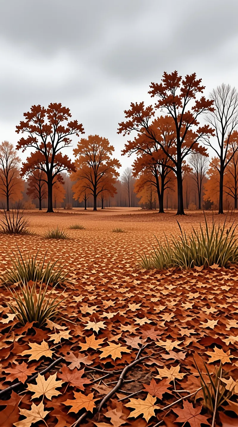 Rows of orange-leafed trees stand along a field carpeted with fallen autumn leaves beneath a cloudy grey sky
