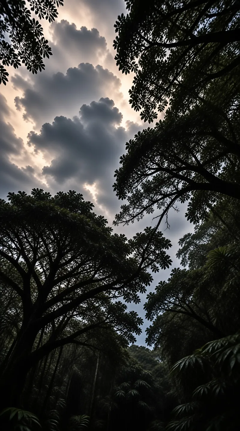 Dense tree branches silhouette against a dramatic sky filled with clouds.