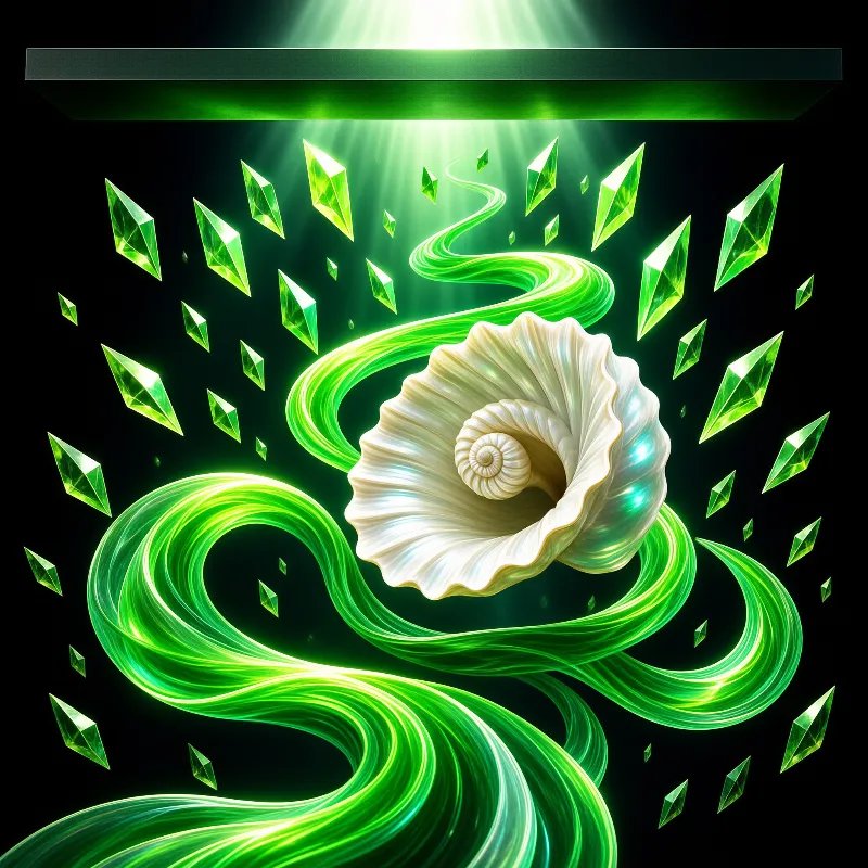 A realistic conch shell is surrounded by swirling green light ribbons and floating gemstones against a black void.