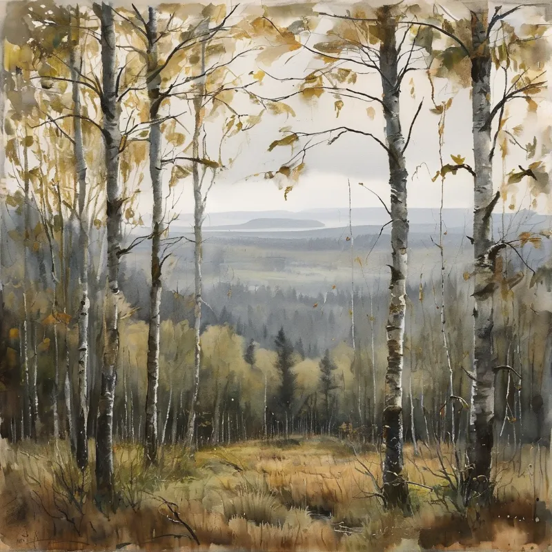 Watercolor of white birch trunks and golden foliage revealing a hazy valley under soft daylight.