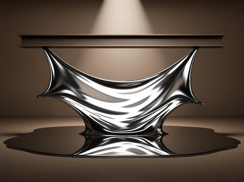 Chrome pedestal table with flat top rests on reflective floor under focused spotlight against brown wall.