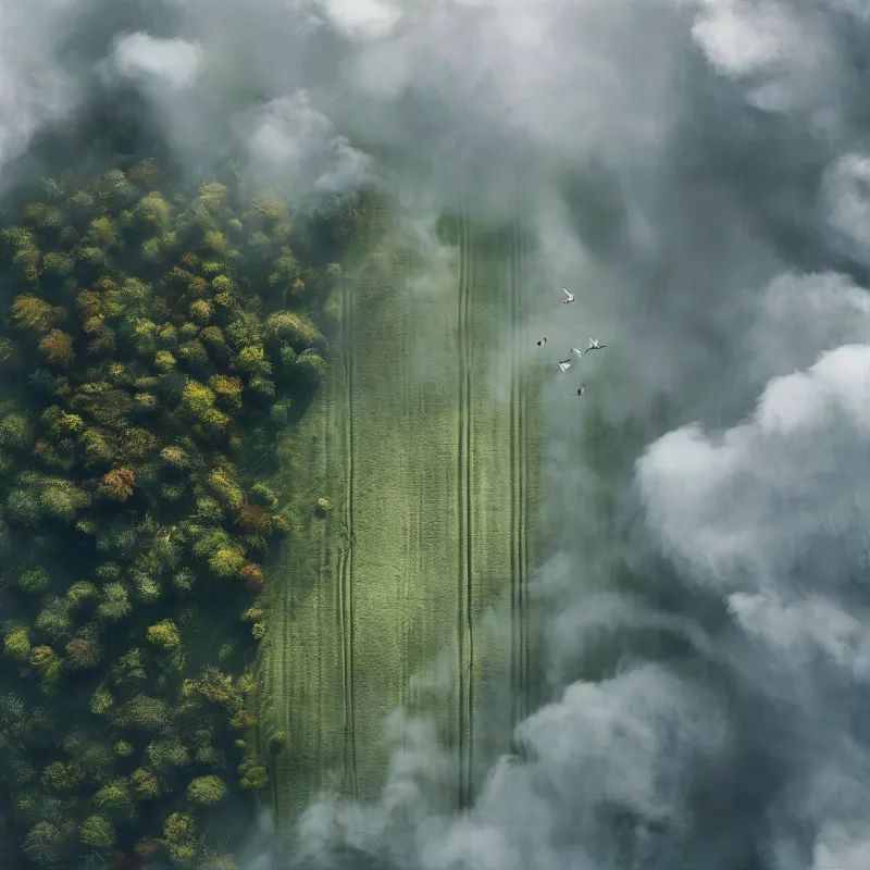 Dense trees border a green field while thick clouds obscure the landscape and birds fly in the misty distance.