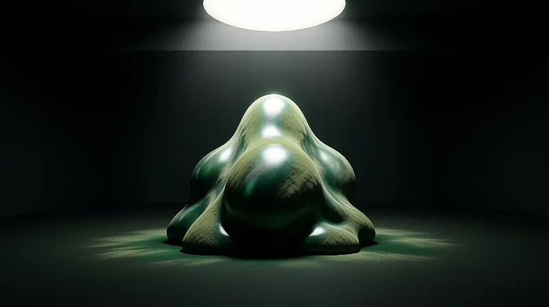 A dark green melted shape sits in the center of a dark room with a bright round light shining from above.