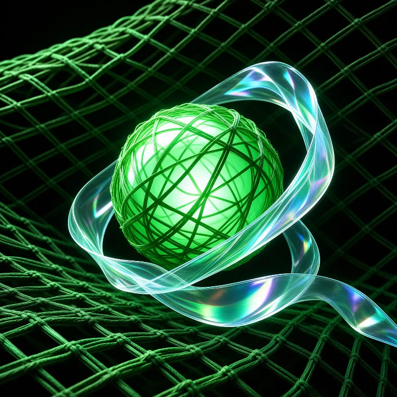 A luminous green sphere wrapped in cord rests inside a dark green net surrounded by a translucent swirling ribbon.