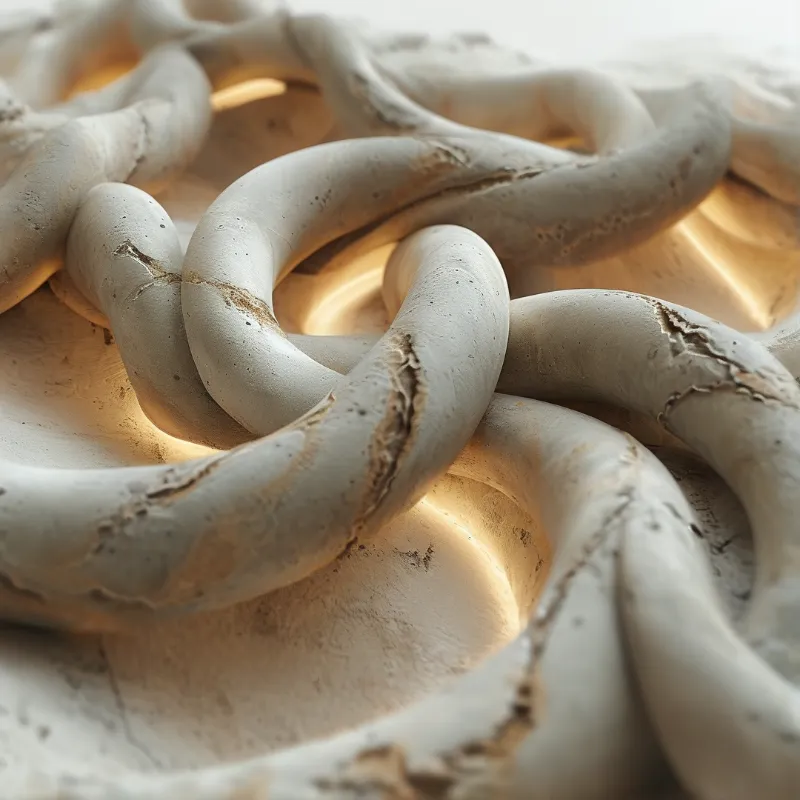 Weathered light grey stone forms are woven together in a tight knot pattern, with warm golden light glowing through the gaps between the rough textured curves.