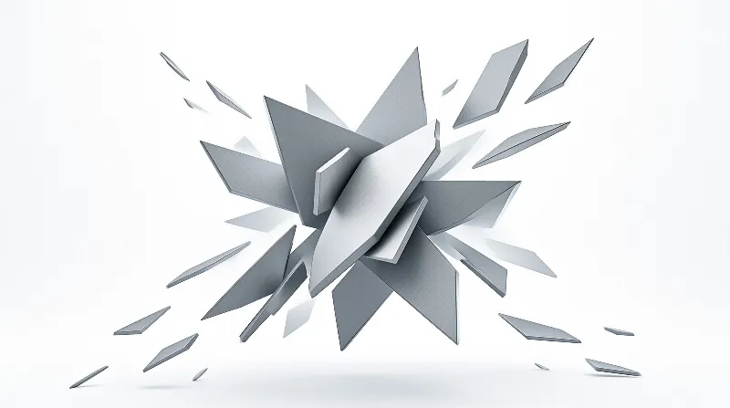 Sharp metallic shards scatter from a central core against a white backdrop, soft lighting highlights geometric edges.