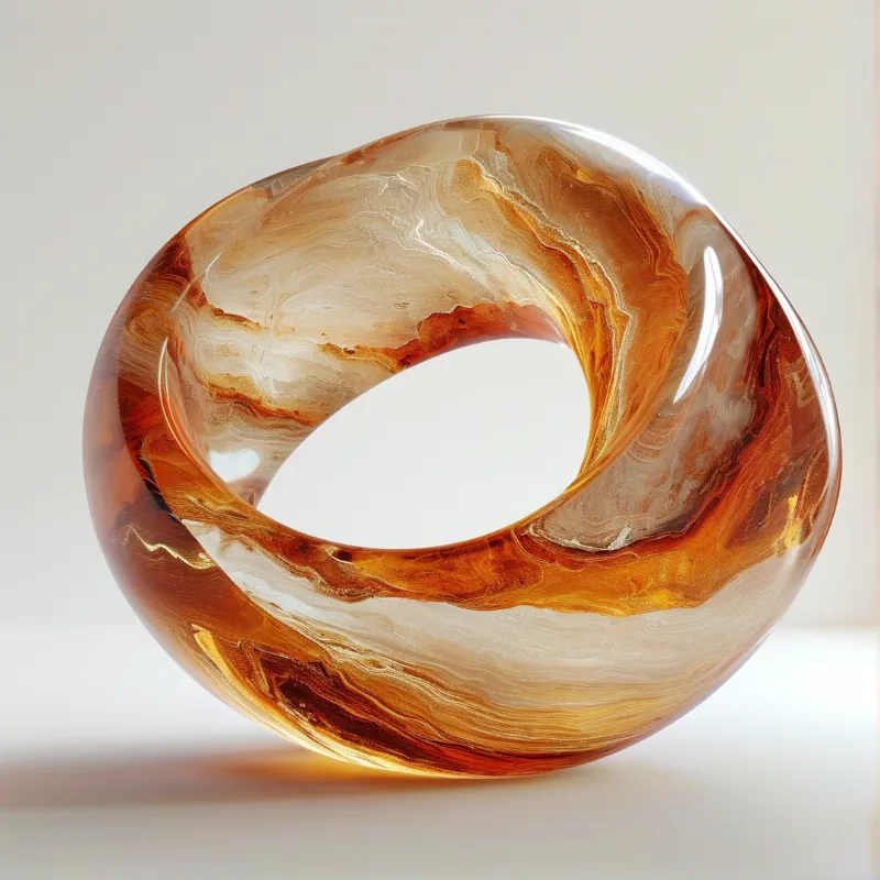 Swirled amber and cream material forms a glossy ring shape resting on a plain white surface with soft highlights.