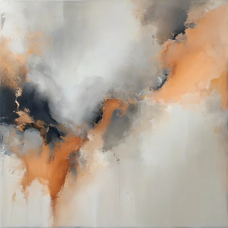 Swirling white and grey pigments contrast with warm orange accents on a heavily textured painting surface.