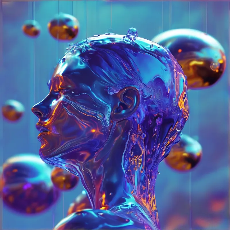 A surreal human head profile rendered in shiny blue and purple liquid metal floats among reflective spheres.