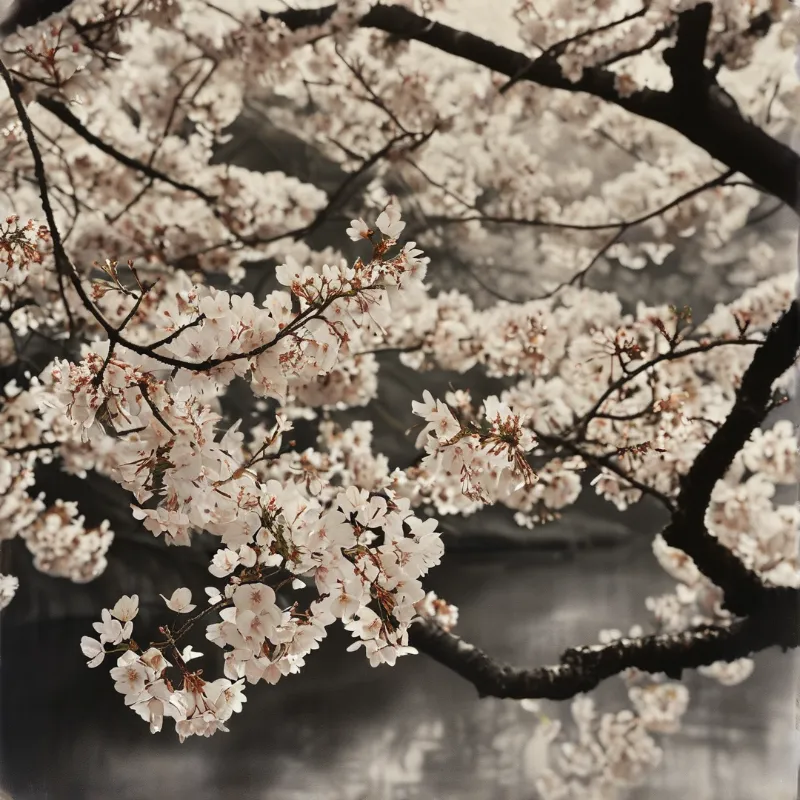 Cluster of white sakura petals on dark twigs framing a soft gray water background.