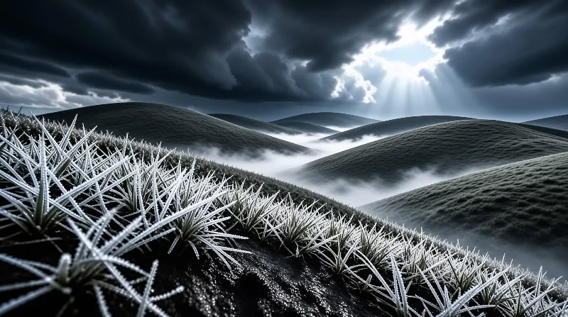 Sharp frosted grass blades line a ridge overlooking misty hills where sun rays pierce through heavy dark clouds.
