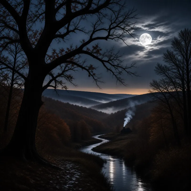 Smoke drifts from a distant cabin as a bright moon hangs over a river winding through dark hills.