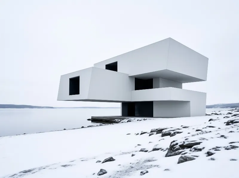 White geometric building stands on snowy rocky shore next to calm gray lake under overcast sky.