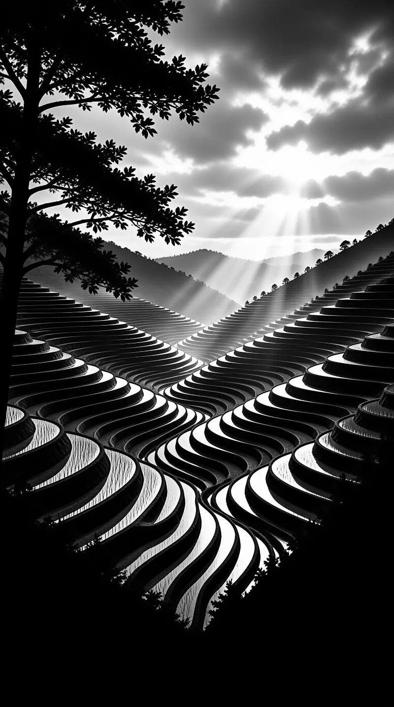 Layered rice paddies fill a valley while dramatic sunlight beams through heavy clouds above the hills.