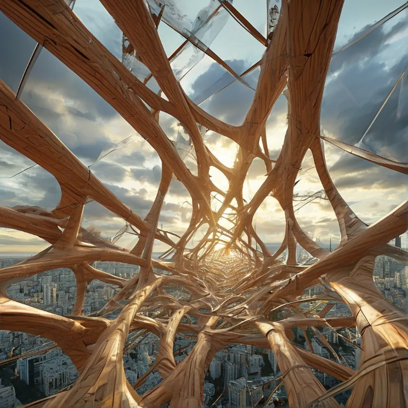 Curved wooden ribs branch and weave into a soaring vaulted lattice, framing a hazy city skyline beneath a sunlit cloudy sky.