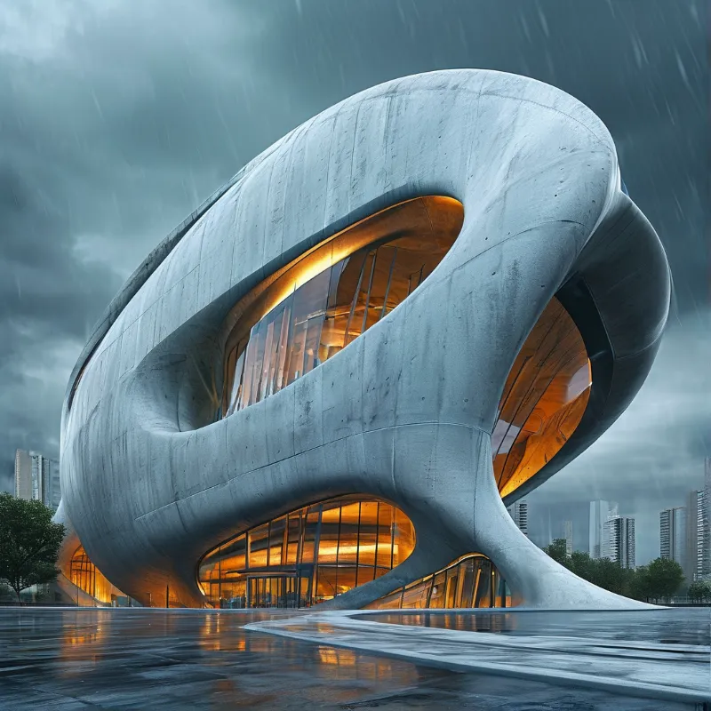 Futuristic Building in Rain