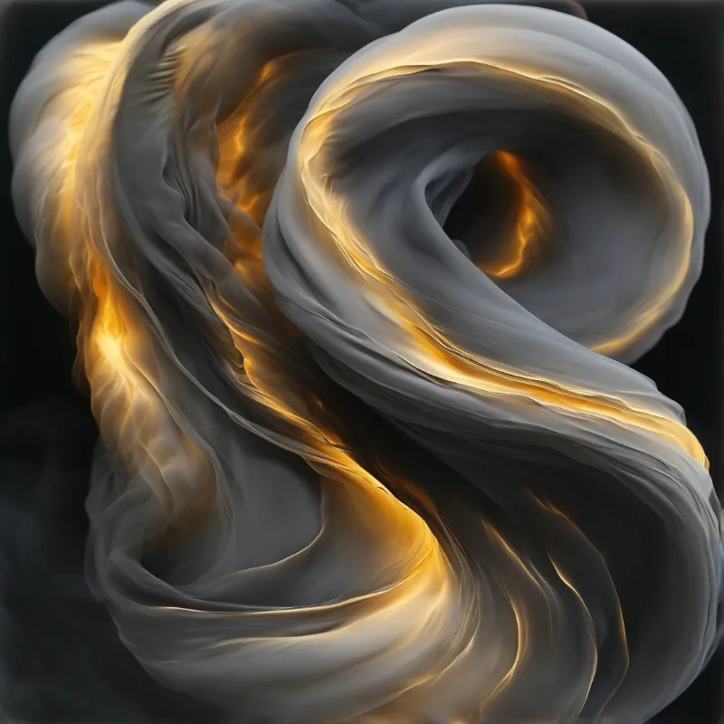 Wisps of pale grey vapour curl into wide loops, lit from within by streaks of warm gold against a near black ground.