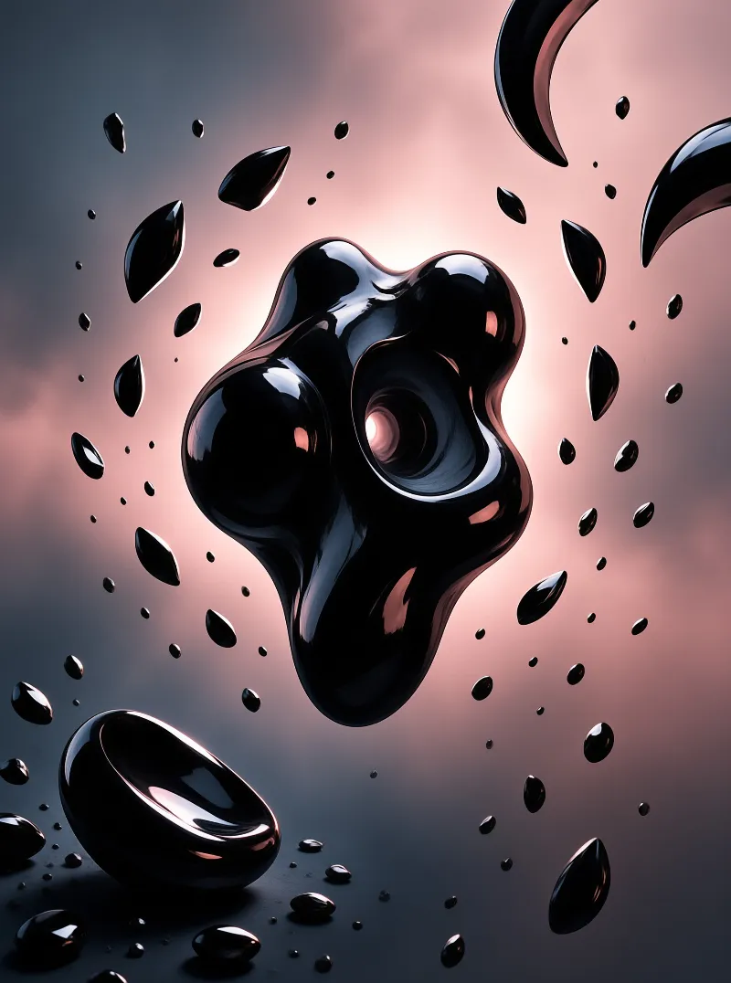 Shiny black fluid structures float against a backdrop transitioning from dark blue to glowing peach.