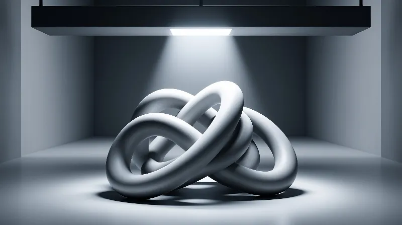 A smooth interlocking loop form rests on a grey gallery floor, lit from above by a single hanging lamp.