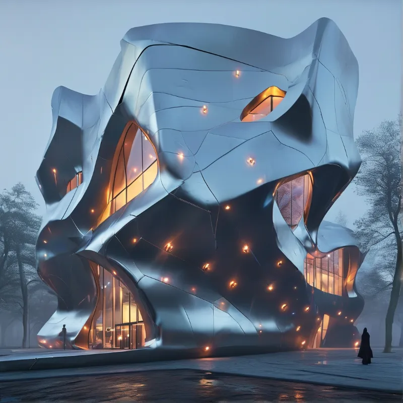 A biomorphic silver building with warm glowing windows rises above wet ground in foggy dusk light.