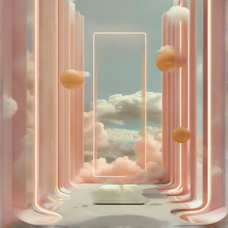 A dreamy pastel interior with glowing pink arched columns frames a sky of soft clouds and floating warm orange orbs.