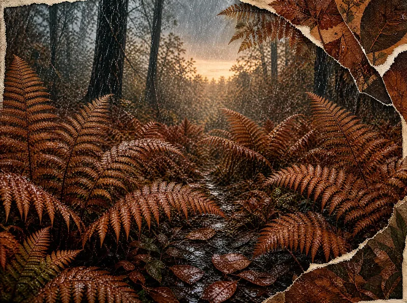 A forest path lined with brown ferns under a rainy sunset, with wet leaves and tall trees around