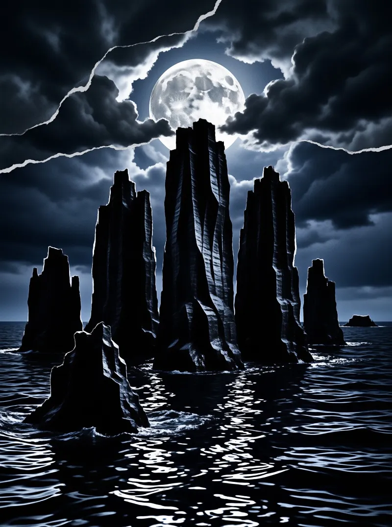 Jagged basalt pillars rise from dark rippling water while a bright moon glows through stormy clouds.