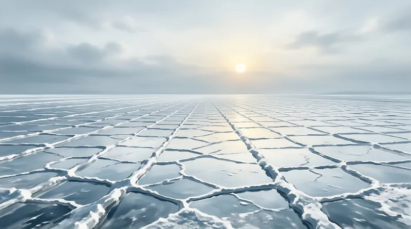 Vast cracked ice sheets stretch toward the horizon under a cloudy sky with the sun low in the distance.