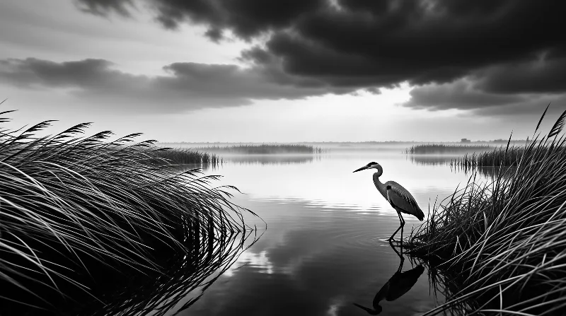 A grey heron stands in calm water framed by tall reeds beneath heavy clouds in a monochrome landscape scene.