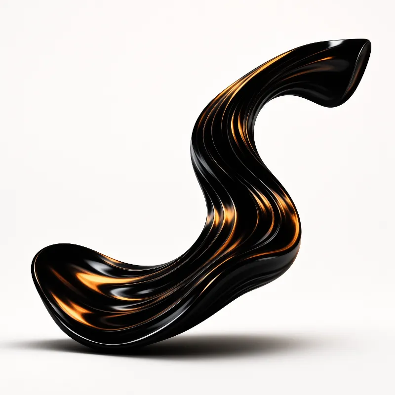 A shiny black form with golden highlights twists into an S shape against a white backdrop.